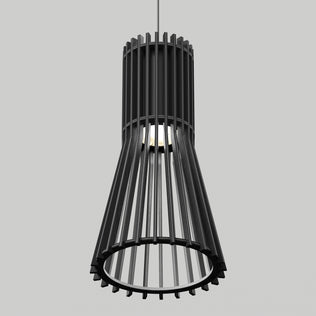 The Artika Kiyo modern LED pendant 3 CCT features a black cylindrical frame flared at the base, with evenly spaced vertical bars and an exposed bulb, showcased against a plain gray background.