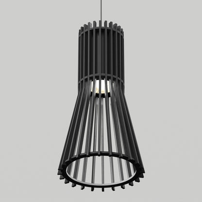 The Artika Kiyo modern LED pendant 3 CCT features a black cylindrical frame flared at the base, with evenly spaced vertical bars and an exposed bulb, showcased against a plain gray background.