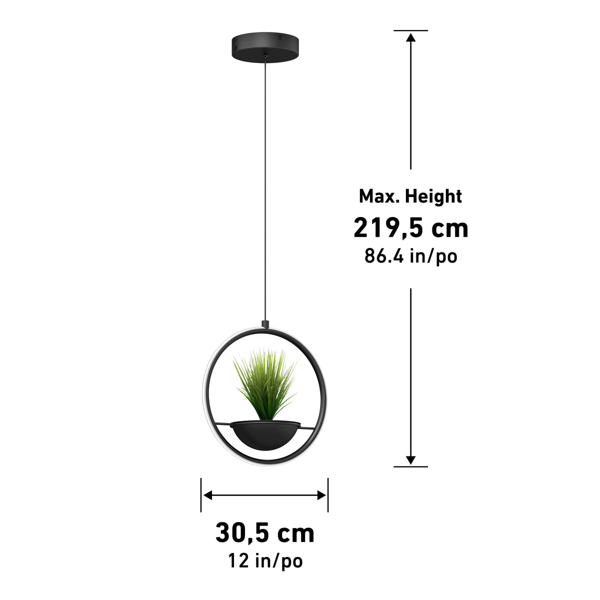 A circular hanging pendant light with a built-in planter, measuring 30.5 cm (12 in) wide and a maximum height of 219.5 cm (86.4 in). The planter holds a small green plant.