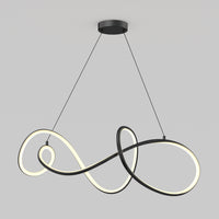 The Artika Siena modern LED pendant light features a black infinity-shaped frame, suspended by two cables, with integrated LED lighting along the inner edges and 5 selectable color temperatures, shown against a plain gray background.