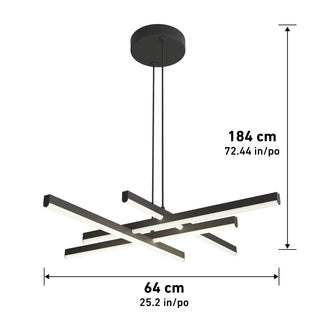 The Artika Grid LED pendant light features a modern black design with five intersecting horizontal bars, suspended from a round ceiling mount. It measures 64 cm (25.2 in) wide and hangs 184 cm (72.44 in) from the ceiling.