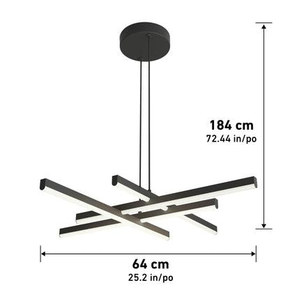 The Artika Grid LED pendant light features a modern black design with five intersecting horizontal bars, suspended from a round ceiling mount. It measures 64 cm (25.2 in) wide and hangs 184 cm (72.44 in) from the ceiling.