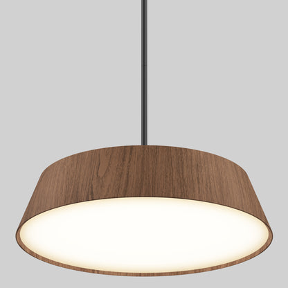 The Artika Dunham LED Pendant 5 CCT features a wide, round wooden shade with a glowing white diffuser, suspended by a black cord against a plain gray background.