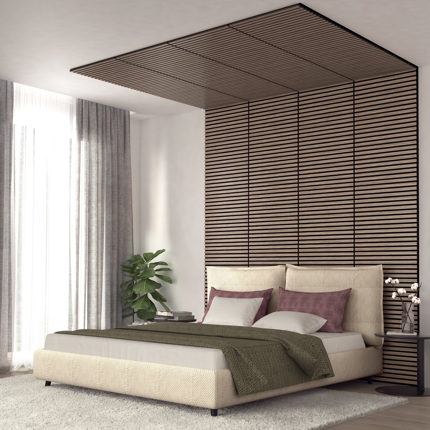 A modern bedroom features a beige upholstered bed with green blanket and mauve pillows. Behind the bed, the Artika-CAN-dev Sonolok 15.5 ft sound-absorbing wall panel kit creates a vertical accent extending onto the ceiling.