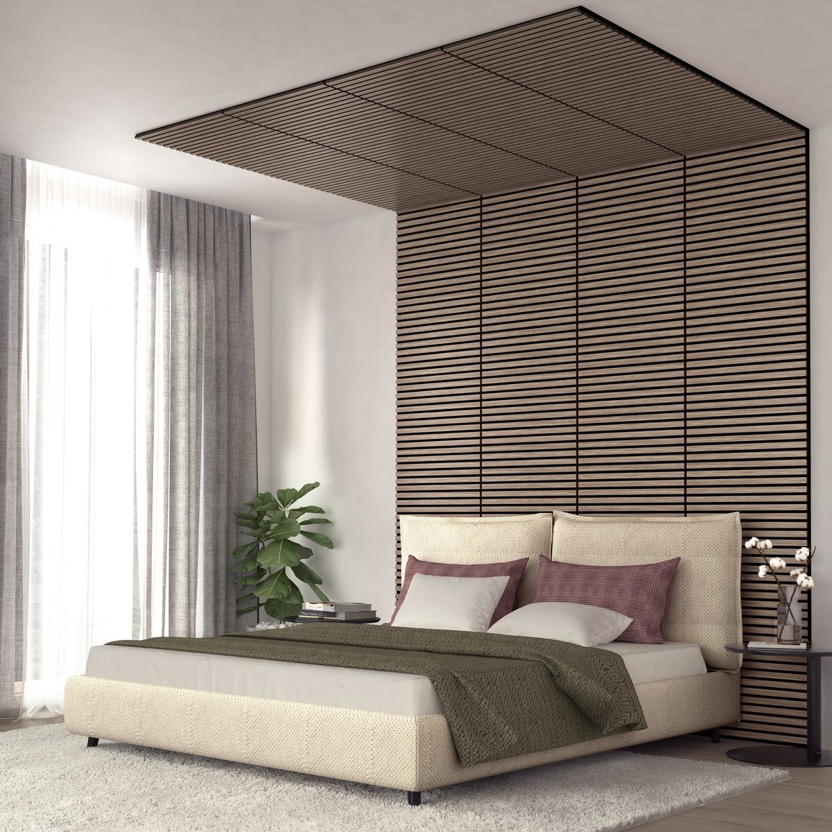 A modern bedroom with a beige bed, green blanket, mauve pillows, vertical slatted wood paneling extending onto the ceiling, a potted plant, floor-length curtains, and a small side table with vases.