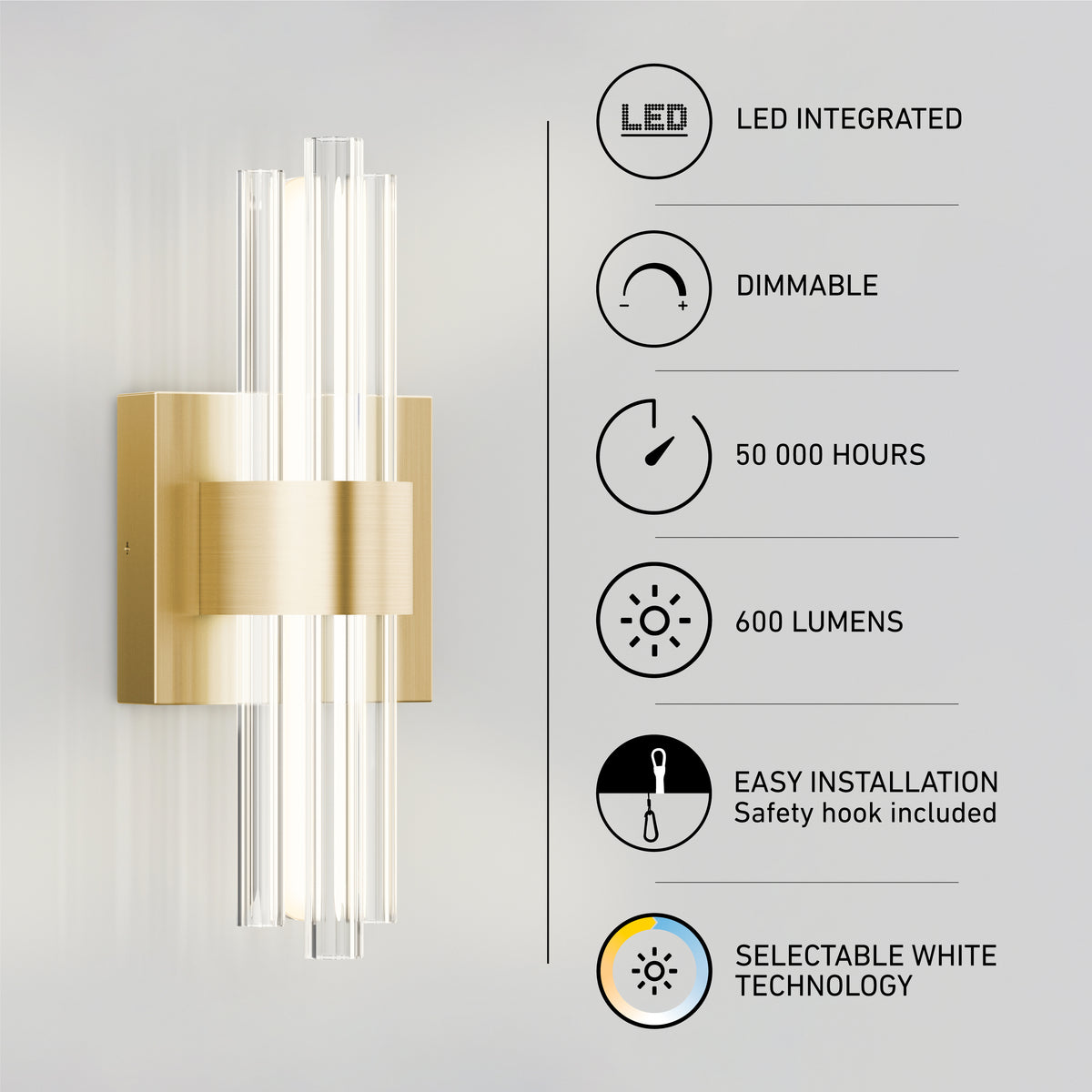 A modern wall sconce with vertical LED tubes and a brushed gold base, next to icons and text highlighting features: LED integrated, dimmable, 50,000 hours, 600 lumens, easy installation, and selectable white technology.