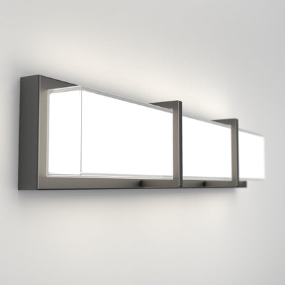 The Artika Subway LED bathroom vanity light is a modern wall-mounted fixture featuring three rectangular frosted glass panels framed in metal, casting bright white light against a plain white wall.