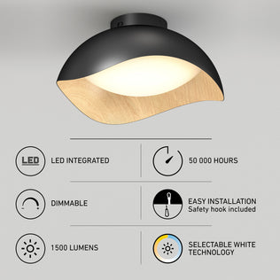 Artika Adara 15″ LED flush mount, dimmable, 1500 lm, 50k hrs, easy install, 5 CCT selectable white, black & wood accent.