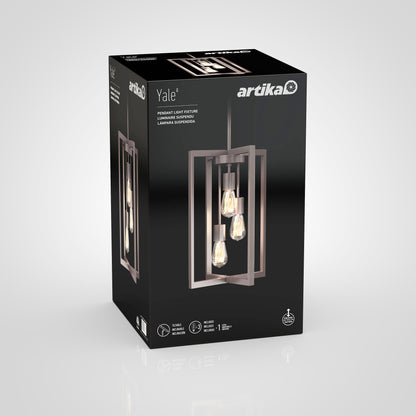 A black box displays the Artika Yale 3-light Chandelier, featuring a modern rectangular frame with three exposed bulbs. The packaging shows product details and icons on a white background.
