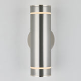 A modern, cylindrical brushed metal wall sconce with two thin bands of light at the top and bottom, mounted on a circular base against a plain light gray background.