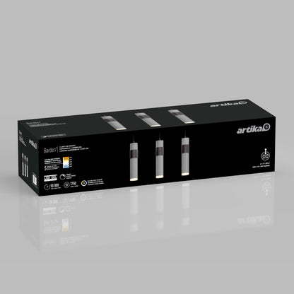 A rectangular black Artika box showcases the Barden 3-light LED pendant, with images of its modern design, color temperature options, energy-efficient icons, and product details on a light gray background.