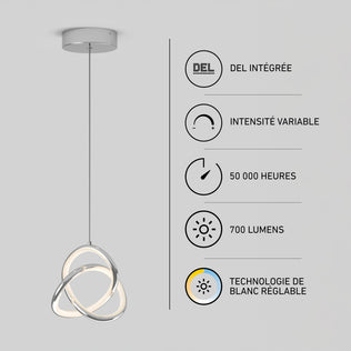 Artika Zephyr LED pendant light featuring three intertwined rings with adjustable white light, dimming, 700 lumens, and a 50,000-hour lifespan.