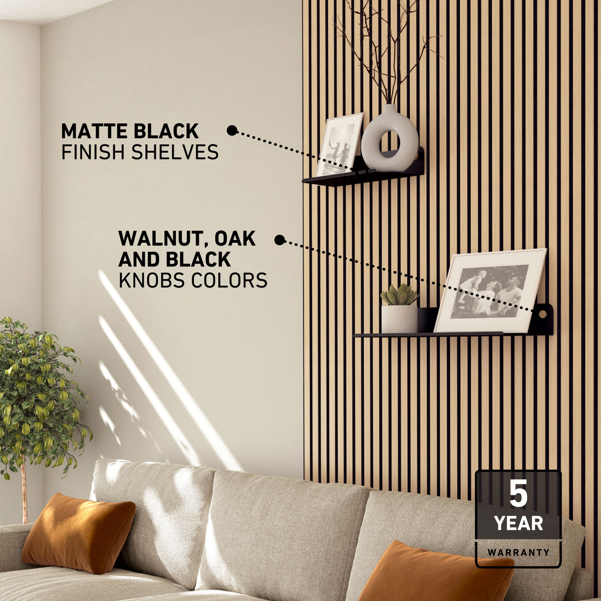 Living room with Artika Sonokit shelves & hooks on Sonolok/Sonofold panels, framed photo, plant & 5-year warranty badge.