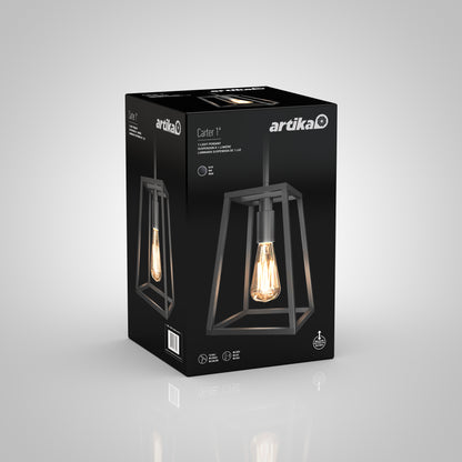 A black Artika Carter 1-light pendant box features a photo of the geometric metal fixture with an Edison bulb on the front, set against a gray gradient background.