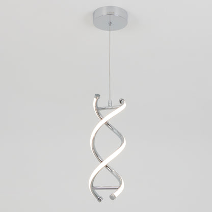 The Artika DNA LED pendant light features two intertwined, illuminated strips in a sculptural twisted design with a chrome finish and integrated LEDs, suspended from a round ceiling mount.