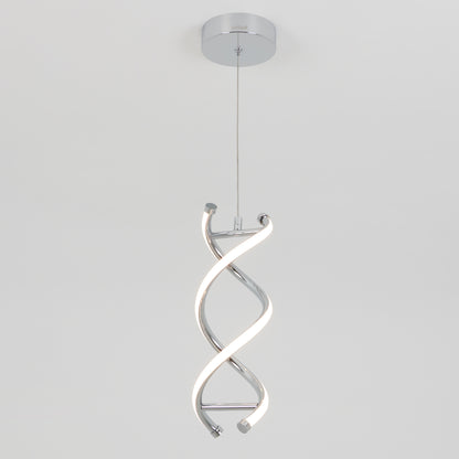 The Artika DNA LED pendant light features a sleek, twisted double-helix design in a metallic finish, suspended by a single cord and showcased against a plain white background.