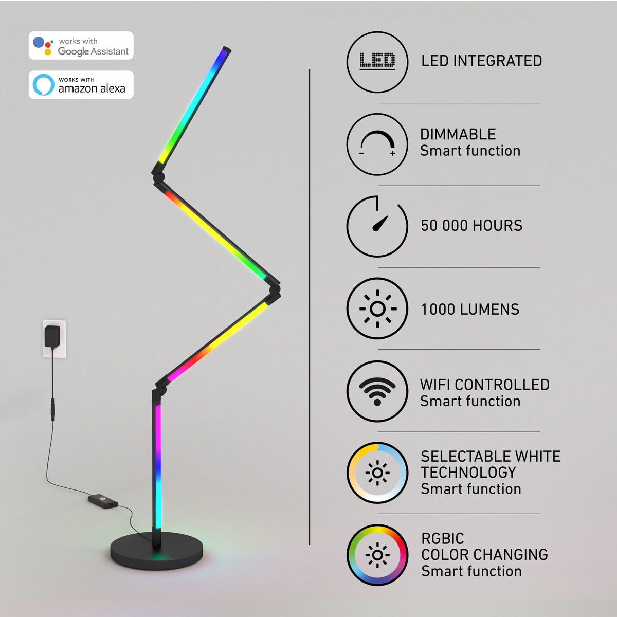 A modern zigzag LED floor lamp with colorful RGBIC lighting stands on a round base. Icons and text highlight its features: LED integrated, dimmable, 50,000 hours, 1000 lumens, WiFi control, selectable white, and color changing.