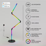 A modern zigzag LED floor lamp with colorful RGBIC lighting stands on a round base. Icons and text highlight its features: LED integrated, dimmable, 50,000 hours, 1000 lumens, WiFi control, selectable white, and color changing.