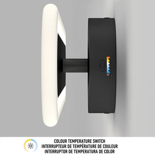 A side view of Artika's Pista modern LED bathroom vanity light 5 CCT in matte black: features a glowing rectangular frame, icon-marked color temperature switch, sliding dimmer control, and multilingual text highlighting its details.