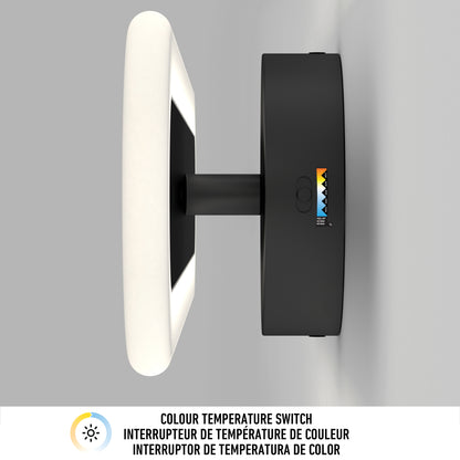 The Artika Pista modern LED bathroom vanity light 5 CCT, shown in black with a square illuminated frame, is viewed from the side. Its side-mounted color temperature switch offers five settings and is highlighted in the image description below.