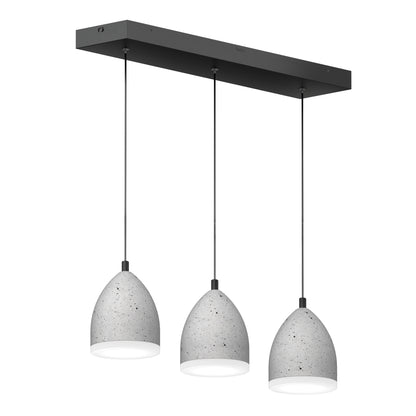 The Artika Bergen 3-light LED pendant features three gray dome-shaped shades suspended in a row by black cords from a rectangular black ceiling mount.