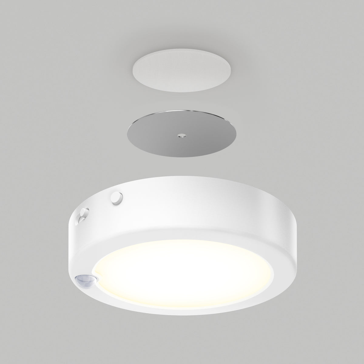 The Artika Accent under cabinet LED light 3CCT is shown disassembled with its mounting plate and a small circular cover above, all set against a plain gray background.