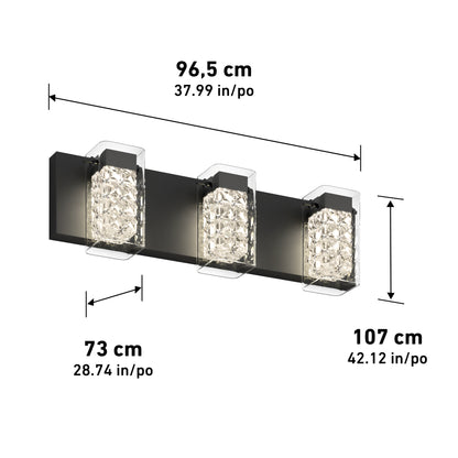 The Artika Crystal Cube LED bathroom vanity light 5 CCT features three square, crystal-covered bulbs. Size: 96.5 cm wide, 73 cm tall, 107 cm deep. Shown on a black background with measurement arrows.