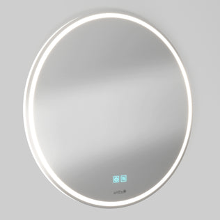 Artika Emeraude 24″x24″ anti-fog LED mirror with edge lighting and blue touch icons, ideal for bathrooms with gray walls.