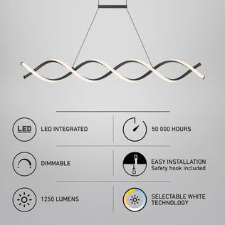DNA Linear LED modern pendant light with a twisted design, 1250lm, selectable white, and dimmable integrated LED for 50k hours.