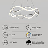 Modern pendant light with a wavy, LED-integrated design. Icons and text highlight features: 50,000 hours lifespan, dimmable, tunable white technology, 1900 lumens brightness, and easy installation.