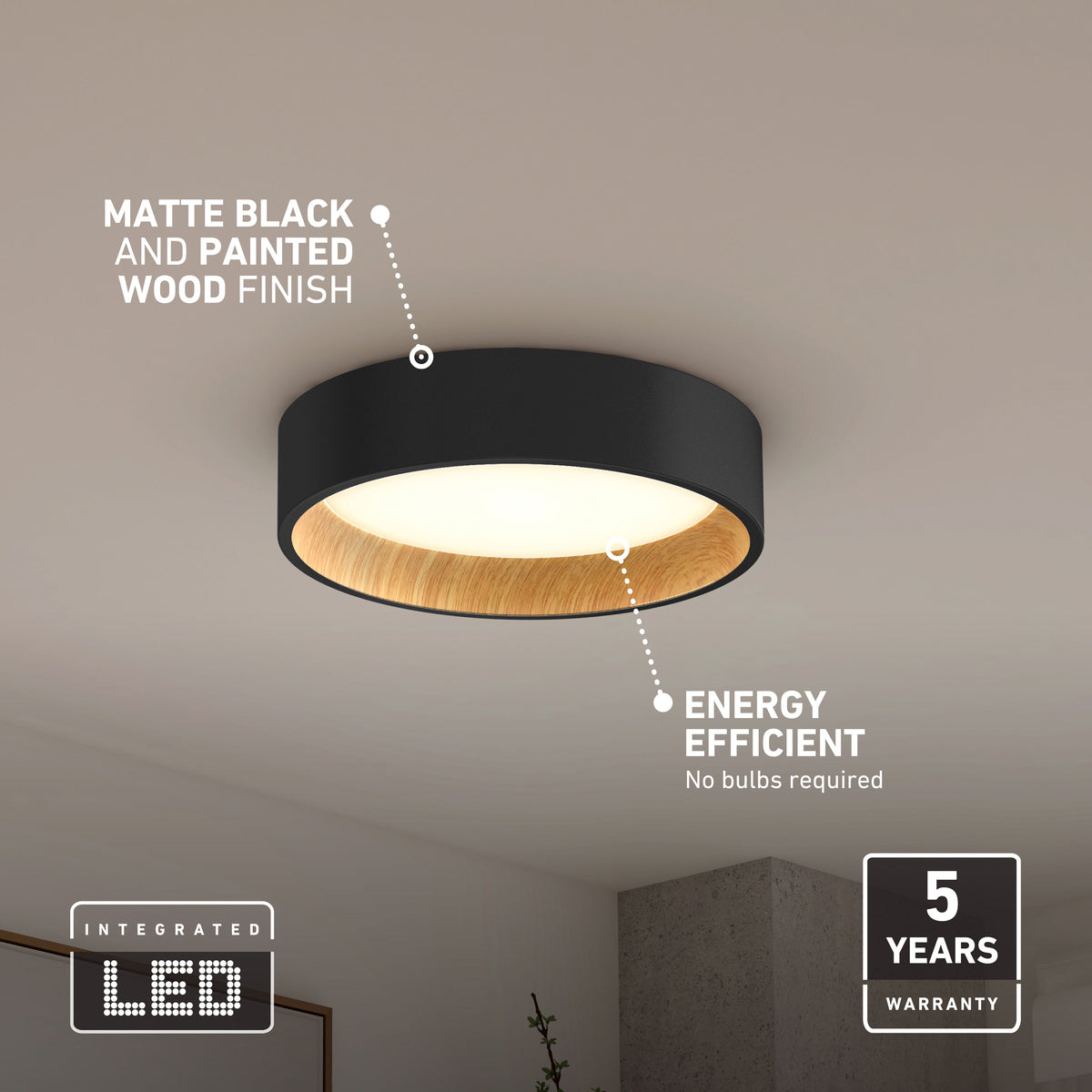 Artika Alton 13 in. modern LED flush mount, 3 CCT, wood finish, matte black, with a 5-year warranty.