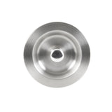 A round, brushed stainless steel lid with a small central handle viewed from above on a white background.