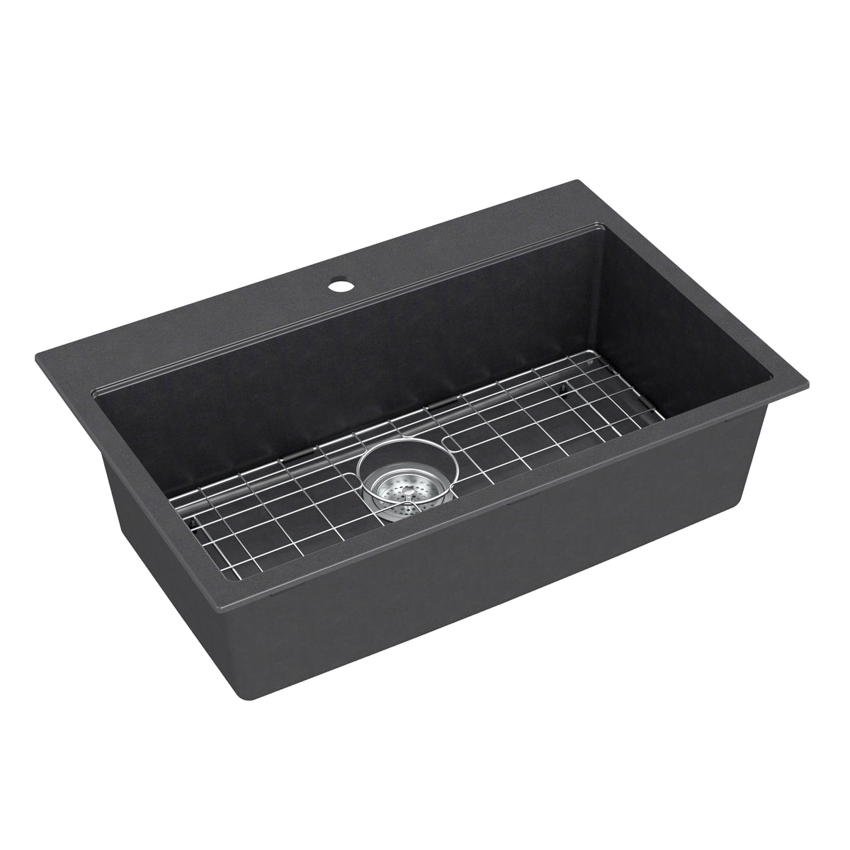 Artika Baycrest 33 in. single bowl black kitchen sink with a metal grid and center drain hole.
