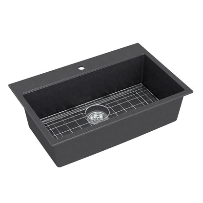 Artika Baycrest 33 in. single bowl black kitchen sink with a metal grid and center drain hole.