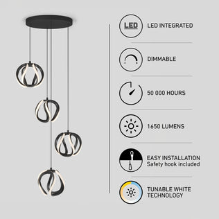 Artika Vivaldi modern LED 4-light pendant 5 CCT with four black spiral shades, 1650 lumens, dimmable controls, and 50,000 hours of energy efficiency.