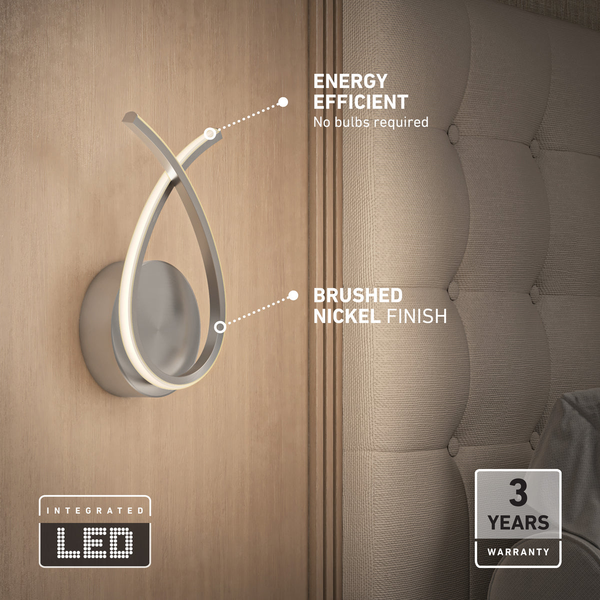 Modern wall sconce with a brushed nickel finish and integrated LED light is mounted on a wooden wall next to a tufted upholstered headboard. Text highlights energy efficiency and a 3-year warranty.