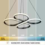 A modern, circular pendant light shown under five different white color temperatures, from warm 2700K to cool 5000K, with corresponding colored backgrounds and labeled descriptions in English, French, and Spanish.