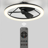 A modern ceiling fan with a circular LED light is shown mounted on the ceiling. Below it, a remote control with various buttons is positioned, indicating wireless control of the fan and light.