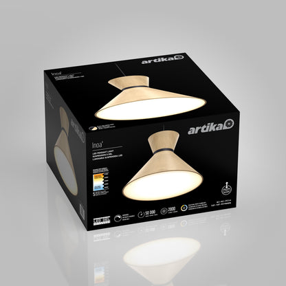 A black Artika box displays the Inoa LED pendant light 5 CCT in black and wood, featuring a modern design image, product details, icons, and light specifications.