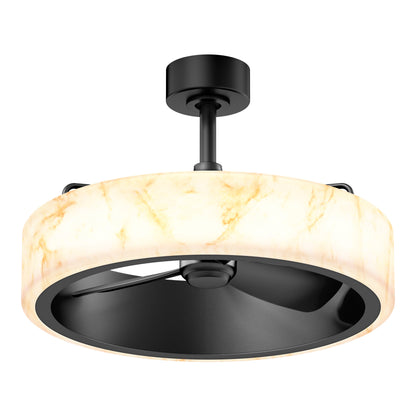 The Artika Selena 23 in. LED modern ceiling fan features a circular marble-patterned light, black blade housing, and remote-dimmable control for custom comfort—a stylish ceiling fixture with a contemporary design.