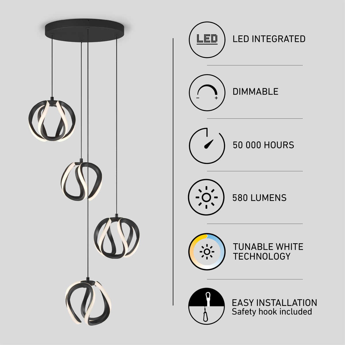The Artika Vivaldi modern LED 4-light pendant features dimmable, ribbon-like rings with tunable white technology, 580 lumens, a 50,000-hour lifespan, easy installation, and a sleek black design.