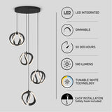 A modern pendant light with three twisted LED rings hangs from a round black base. Icons highlight features: LED integrated, dimmable, 50,000 hours lifespan, 580 lumens, tunable white technology, and easy installation.