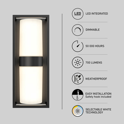 The Artika Sherman modern LED indoor-outdoor wall light features a central black band, integrated LEDs, dimmable 700 lumens, 50,000-hour lifespan, weatherproof design, selectable white (5 CCT), and easy installation.