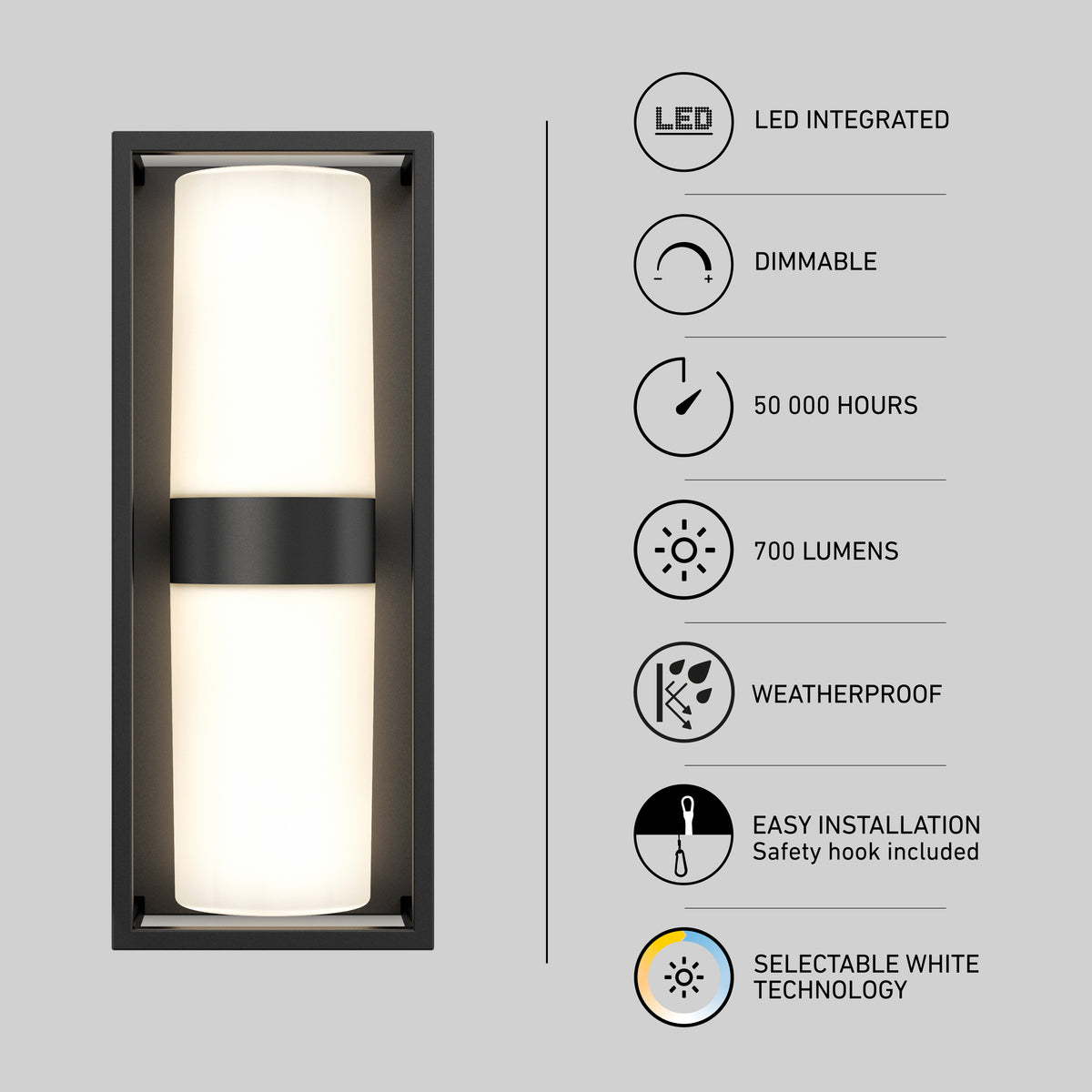 A rectangular LED wall light is shown on the left. On the right, icons and text highlight its features: LED integrated, dimmable, 50,000 hours, 700 lumens, weatherproof, easy installation, and selectable white technology.