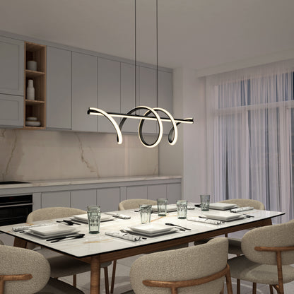 Modern dining room featuring a rectangular marble table for six with cushioned chairs. Overhead, the Artika Coda modern LED pendant light (5 CCT) creates a sculptural statement. Sleek grey cabinets and sheer-curtained window complete the look.