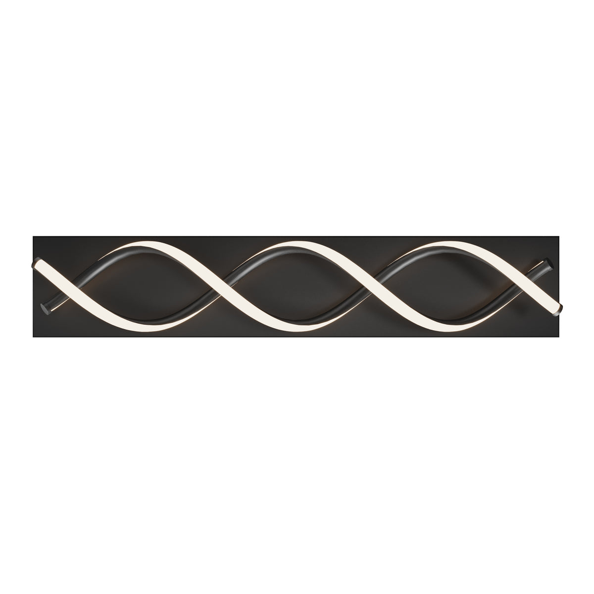 A modern wall light fixture with a black rectangular base and two intertwined wave-shaped LED light strips, one white and one metallic, creating a symmetrical, elegant design.