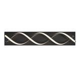 A modern wall light fixture with a black rectangular base and two intertwined wave-shaped LED light strips, one white and one metallic, creating a symmetrical, elegant design.
