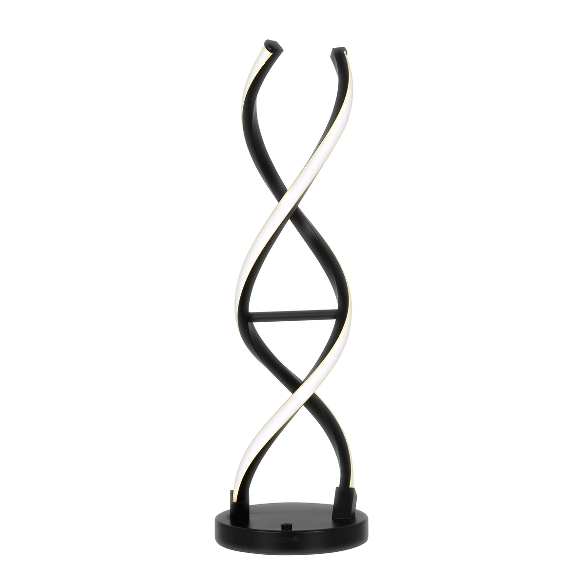 A modern table lamp with a black base and two intertwined, spiral-shaped light tubes resembling a DNA helix.