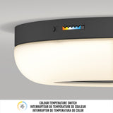 A close-up of a ceiling light fixture with a visible color temperature switch displaying multiple color options. Text below reads: Colour temperature switch in English and French.