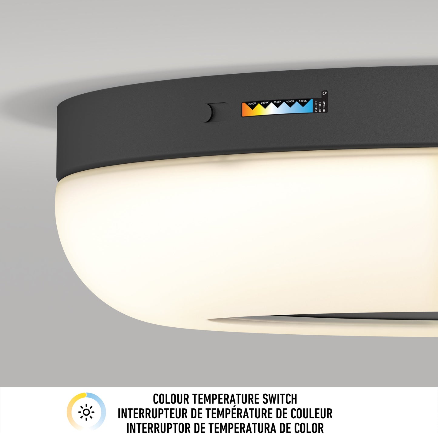 Close-up of the Artika-CAN-dev Louka 15 in. modern LED flush mount light 5 CCT, showing its adjustable white hues, color temperature switch, and a label below reading Colour Temperature Switch in English and French.